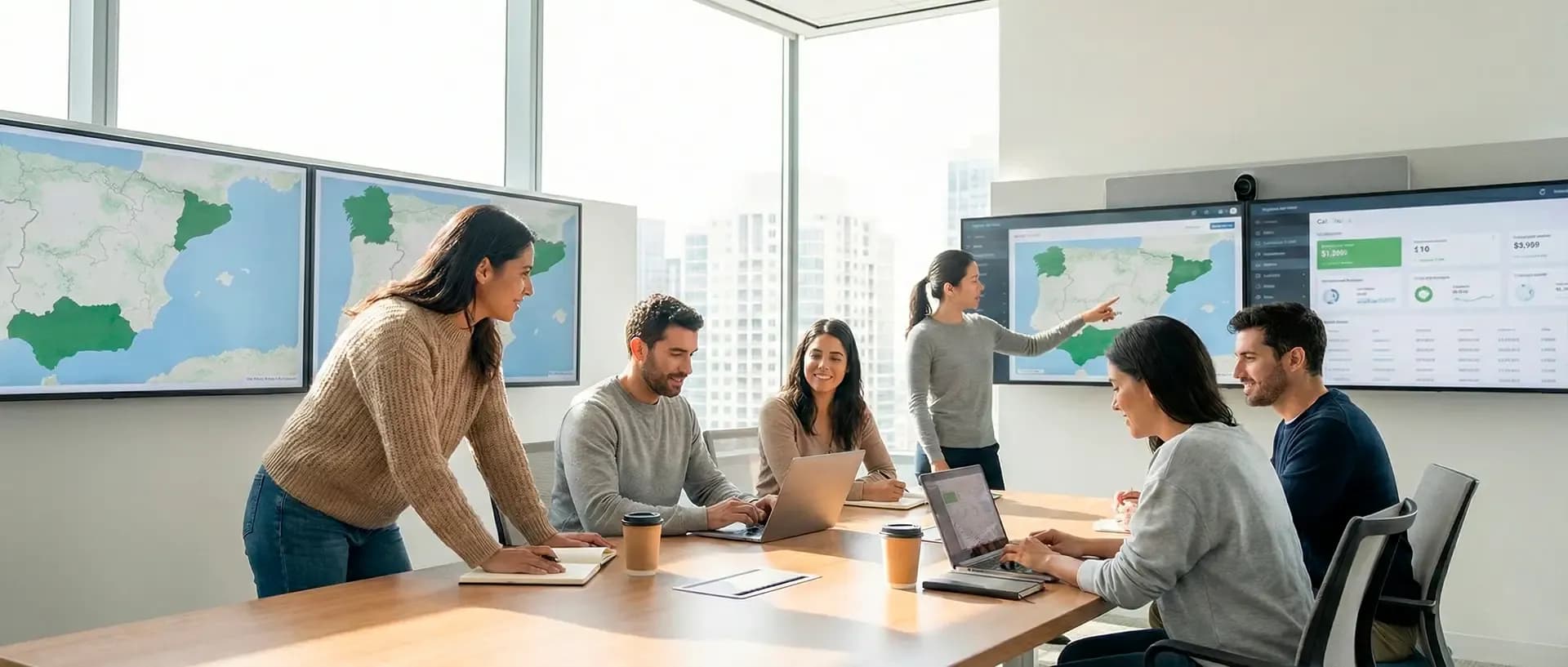 Equipo multidisciplinar revisando mapas y cuadros de mando de inteligencia turística en un entorno de trabajo colaborativo.